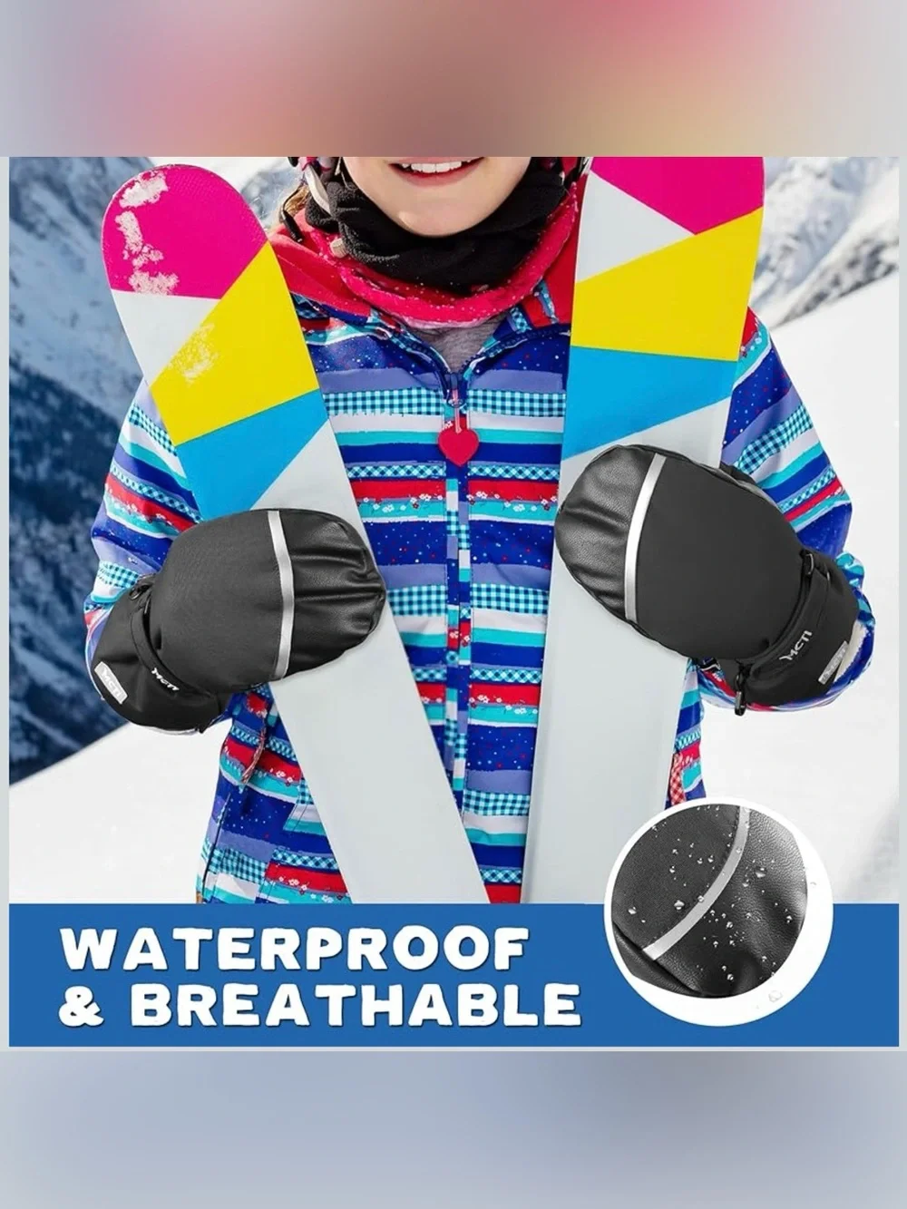 MCTi Kids Size XS Black Waterproof Mittens Ski Warm Sherpa Lined W/String. New